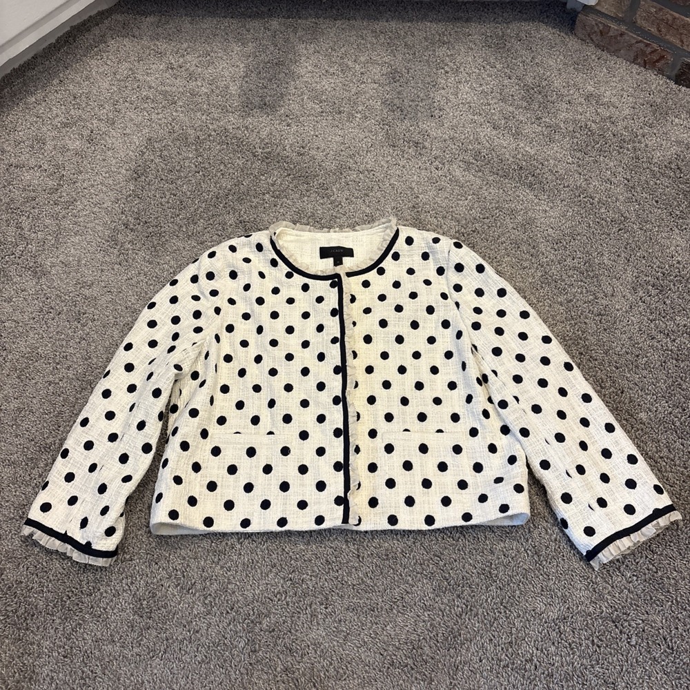 JCREW Jacket in Polka Dot Textured Tweed Size 14 White Navy Snap G3728 Work